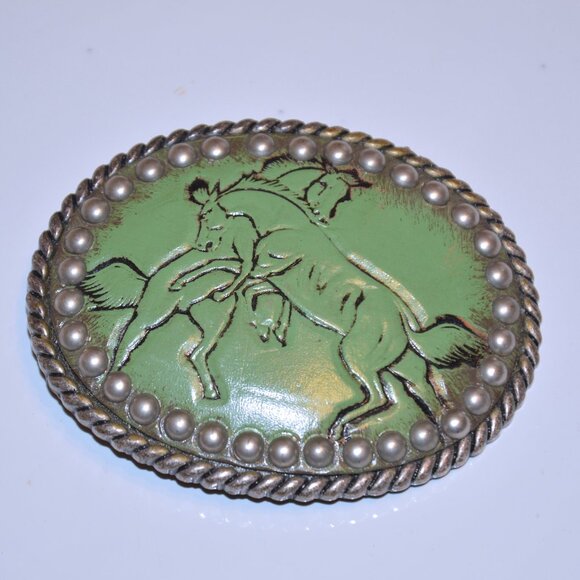 Vintage Fighting Stallions Green Oval Western Belt Buckle